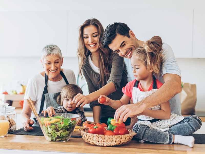 Happy family eating healthy food